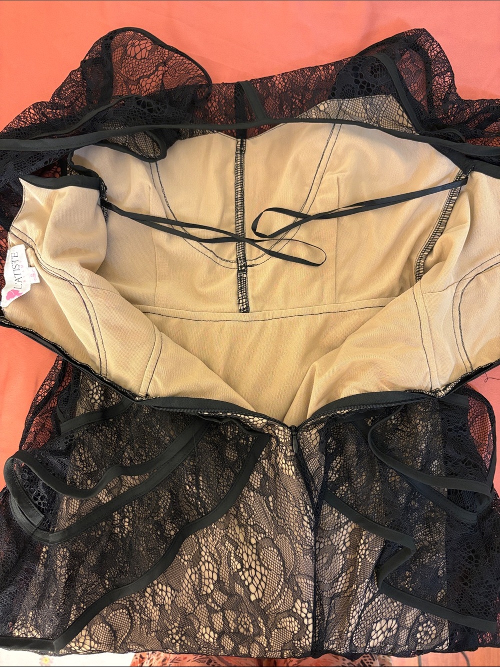 L’Atiste By Amy -Black Lace Mini Dress with Nude Lining - Feminine Ruffle Detail - Picture 6 of 10